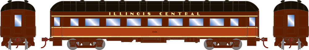 Illustration with side and end views of HO scale Harriman heavyweight passenger coach painted brown, orange, and black with yellow graphics.