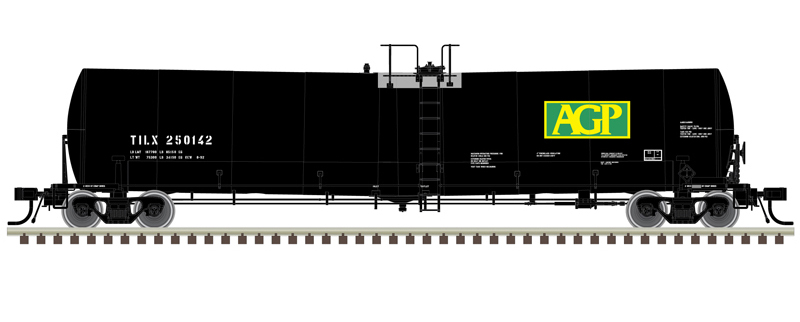 Illustration of HO scale tank car painted black and gray with green, yellow, and white graphics.