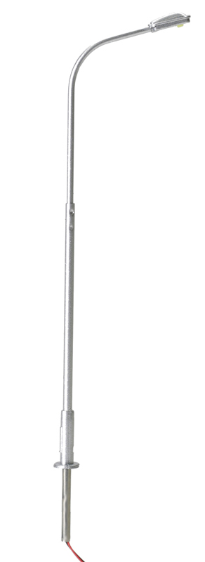 Photo of N scale single-arm streetlight painted silver on white background.