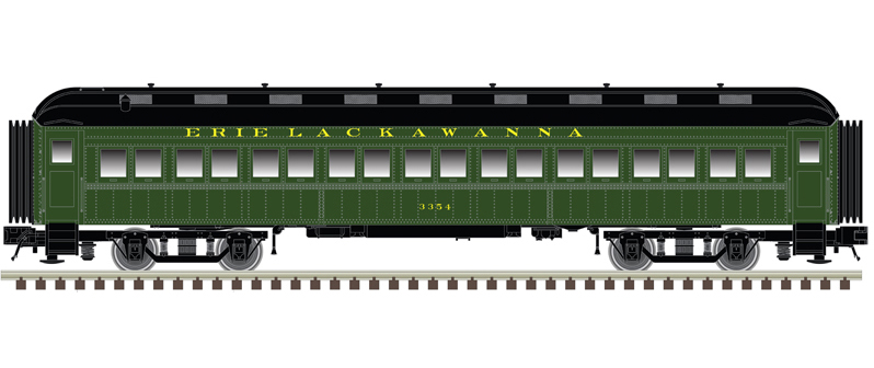 Illustration showing side view of N scale 60-foot heavyweight coach painted dark green and black with yellow graphics.