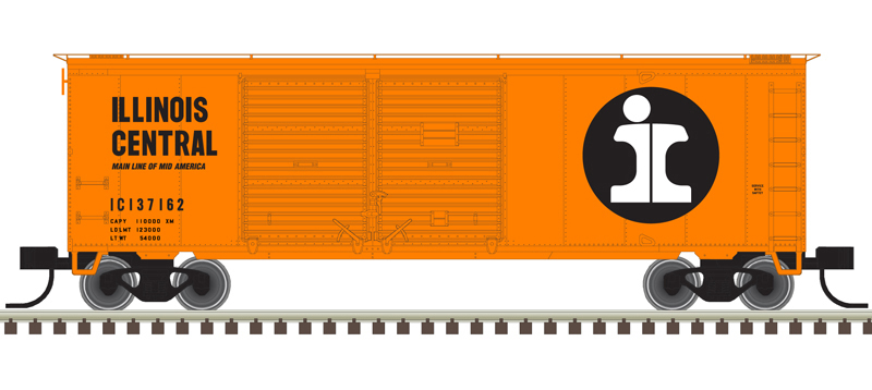 Illustration showing right side of N scale 40-foot double-door boxcar painted orange with black and white graphics.