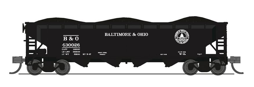 Illustration of N scale 70-ton offset-side quad hopper painted black with white graphics.