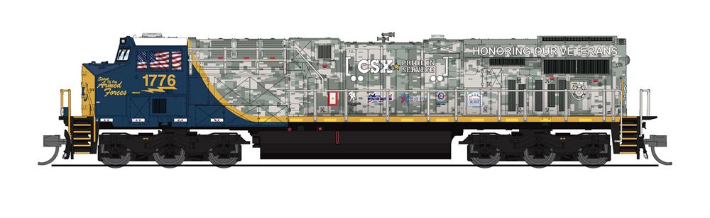 Illustration showing side view of N scale GE ES44AC diesel locomotive painted blue and yellow with modern military camouflage. 
