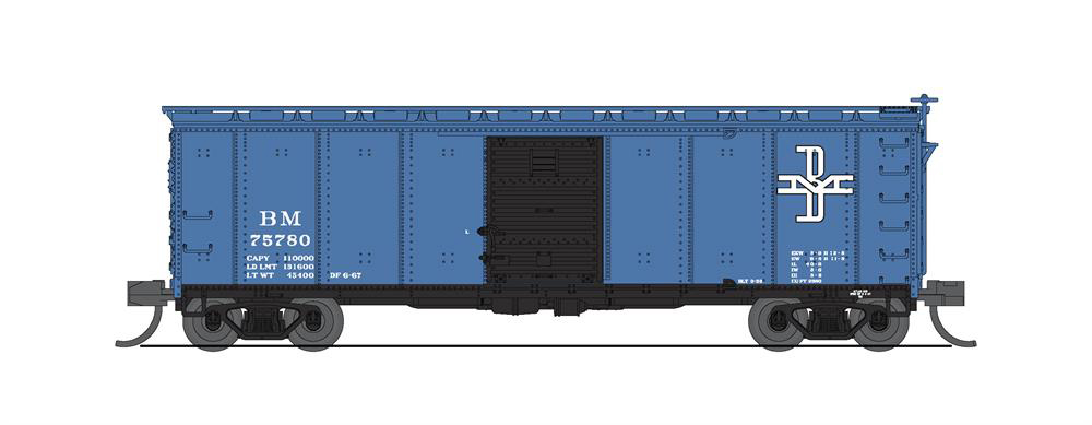 Illustration showing left side of N scale New York Central-style 40-foot boxcar painted two-tone blue with white graphics.