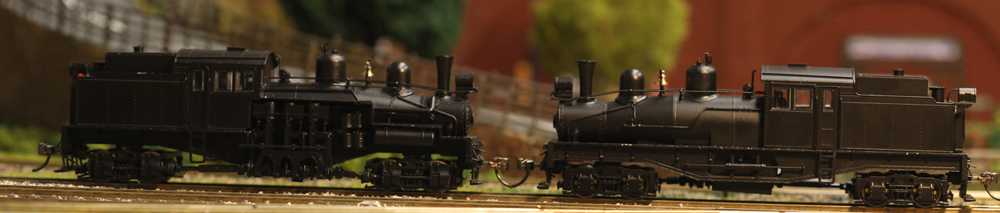 Side view of two HO scale Shay geared steam locomotives on scenicked base.