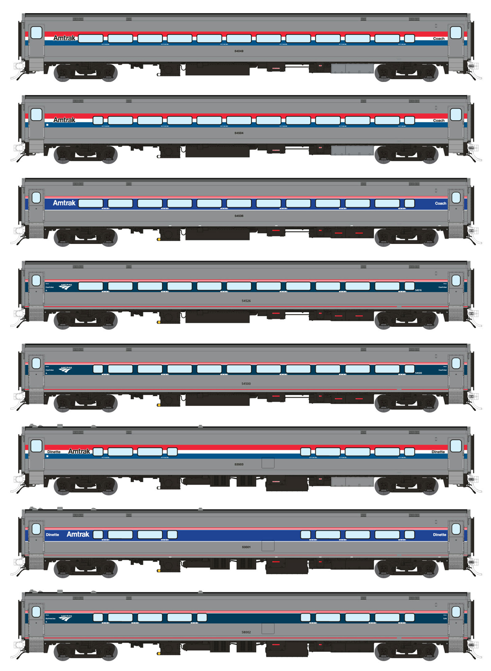 Illustration showing side views of eight HO scale Amtrak Horizon cars.