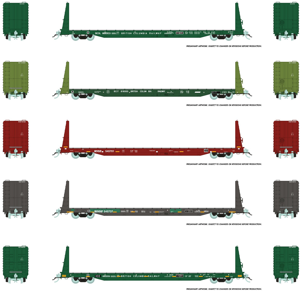 Side and end view illustrations showing Canadian and U.S. railroad paint schemes on HO bulkhead flatcar.