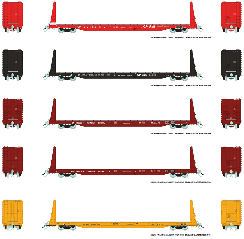 Side and end view illustrations showing Canadian railroad paint schemes on HO bulkhead flatcar. 