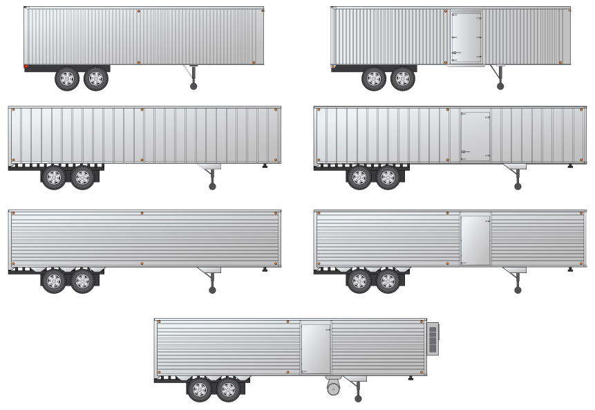 Illustration showing five Fruehauf trailers painted silver in different lengths with different corrugation patterns.