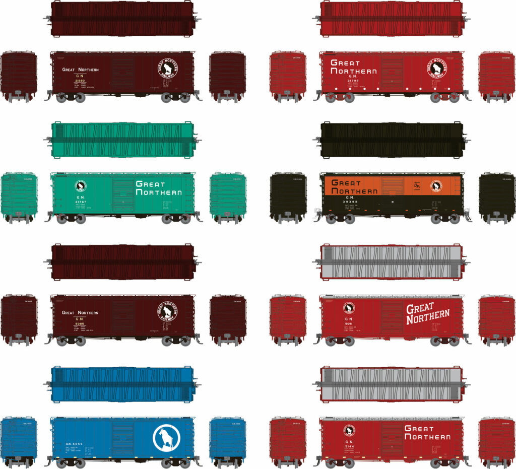 Color illustrations showing full and partial views of HO scale GN 12 panel 40-foot boxcars painted in different paint schemes.