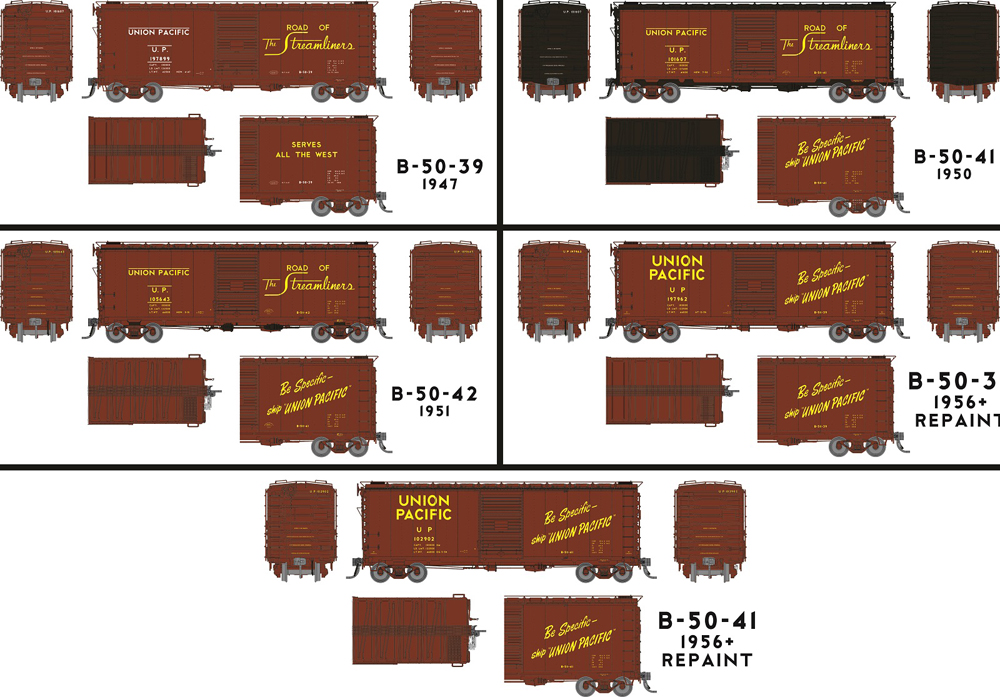 Color illustrations showing full and partial views of HO scale UP Alternating Center Rivet 40-foot boxcars painted brown with yellow graphics. 