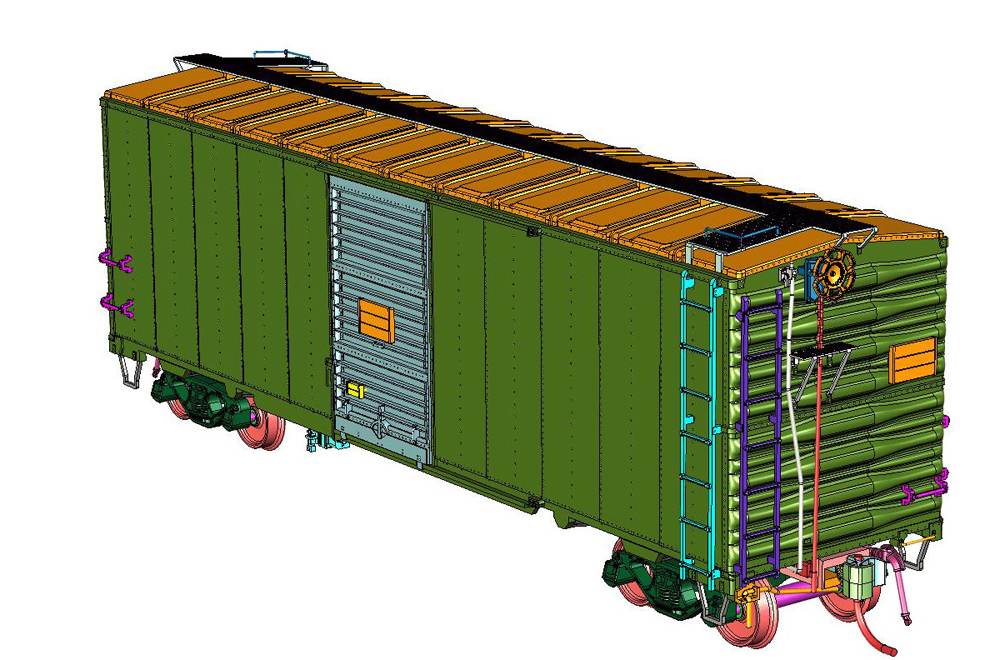 : Illustration showing HO scale UP class B-50-39 40-foot boxcar with parts picked in multiple colors.