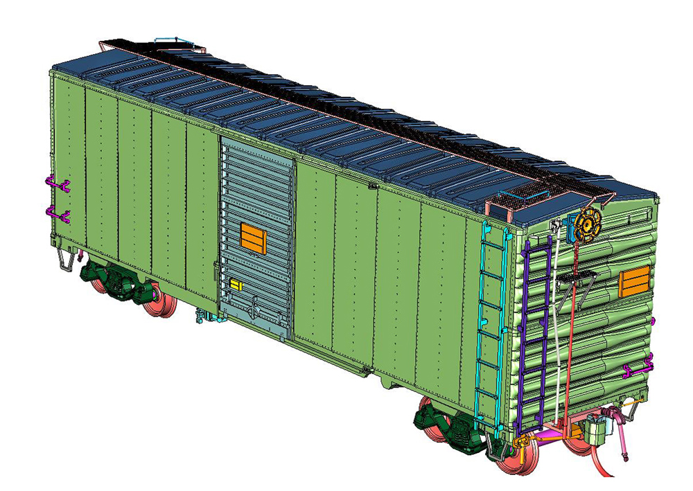 : Illustration showing HO scale UP class B-50-41 40-foot boxcar with parts picked in multiple colors.