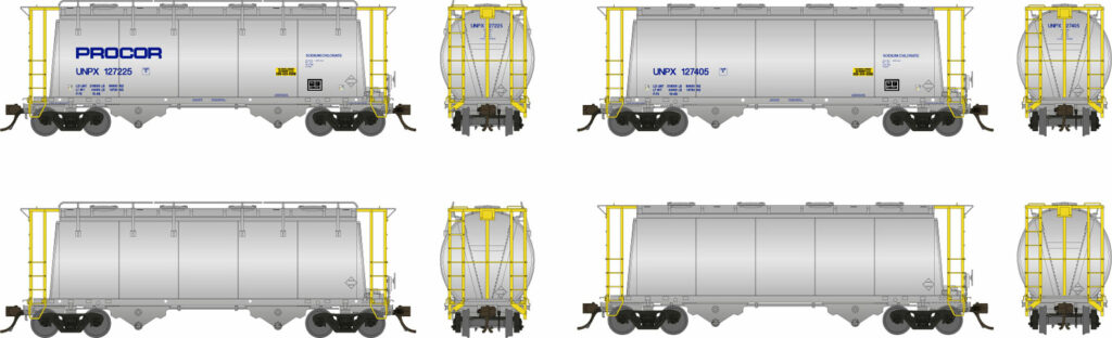 Color illustrations showing full and partial views of HO scale Procor 3000-cubic-foot capacity sodium chlorate hopper painted with yellow handrails.