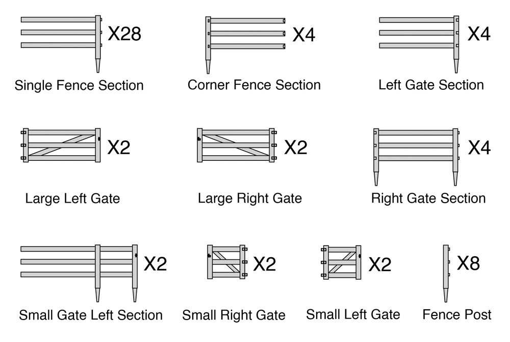 Black-and-white illustration showing various components in Walthers HO scale SceneMaster fence kit.
