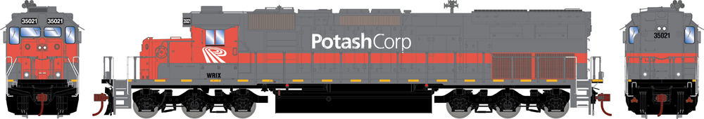 Illustration with front, brakeman’s side, and rear view of HO scale Electro-Motive Division SD40T-2 diesel locomotive painted orange, gray, and black with white graphics.