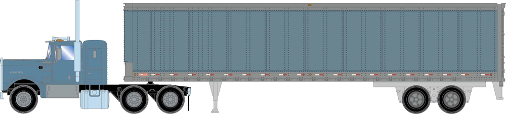 Illustration showing driver’s side of HO scale Kenworth tractor and 45-foot trailer painted metallic blue and silver. 