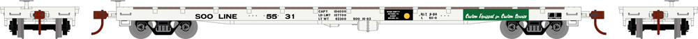 Illustration showing A end, right side, and B end of HO scale 60-foot flatcar painted light gray with green graphics.