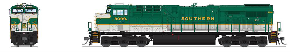 Illustration with nose and side view of HO scale General Electric ES44AC diesel locomotive painted green, white, and gold with gold graphics.