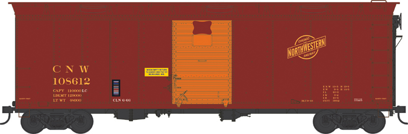 Illustration of HO scale boxcar painted Boxcar Red with orange door and black underbody.