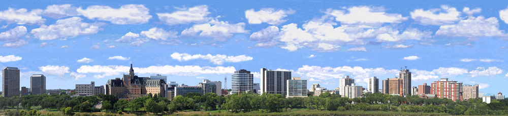 Photo backdrop with trees, city buildings, and clouds.