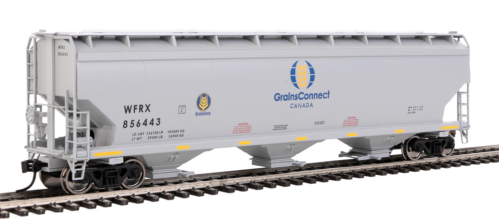 Photo of HO scale three-bay covered hopper painted gray with yellow, blue, black, and red graphics.