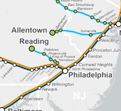 Portion of map showing existing and proposed rail routes in the Northeast
