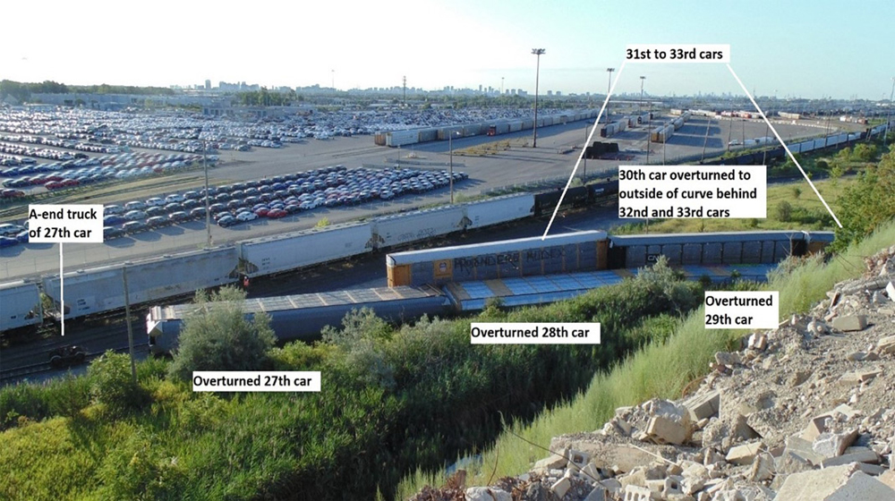 Image of derailment with notations identifying cars involved