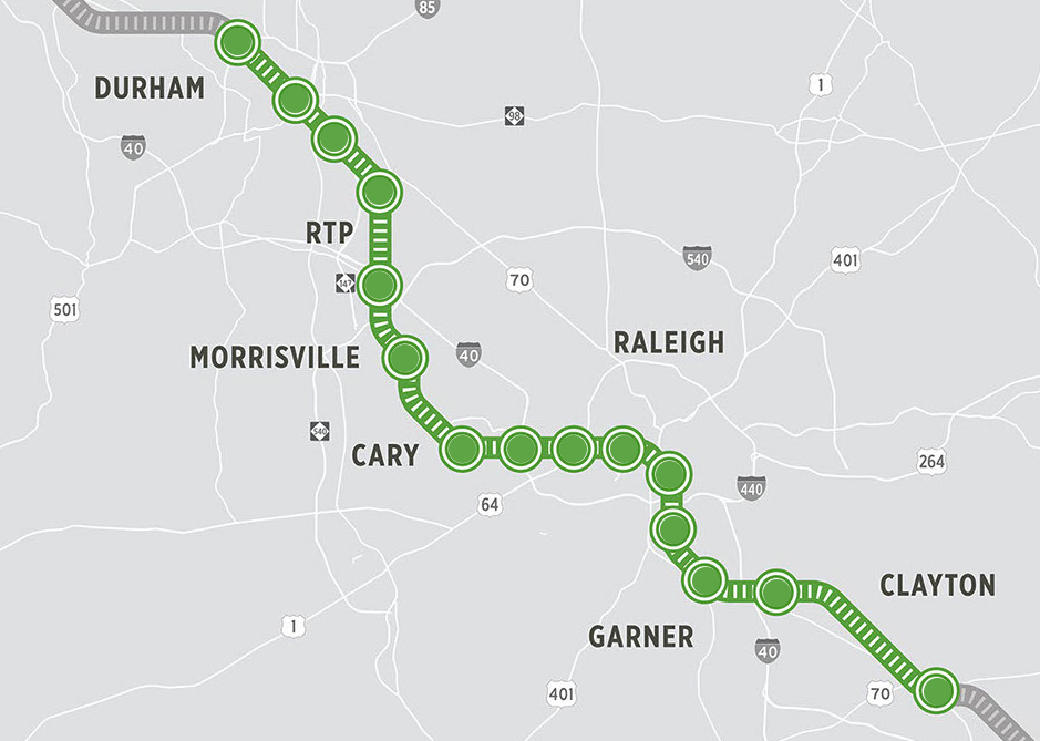 Map showing station locations for proposed commutr rail line in North Carolina