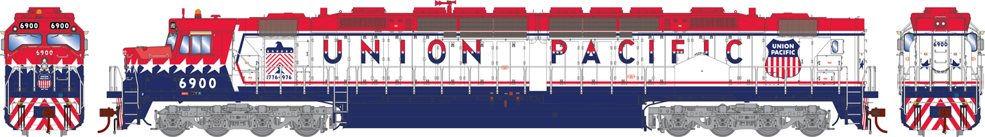 illustration of locomotive in red, white and blue
