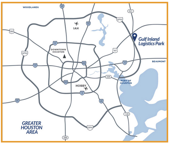 Map of Houston area showing location of Gulf Inland Logistics Park