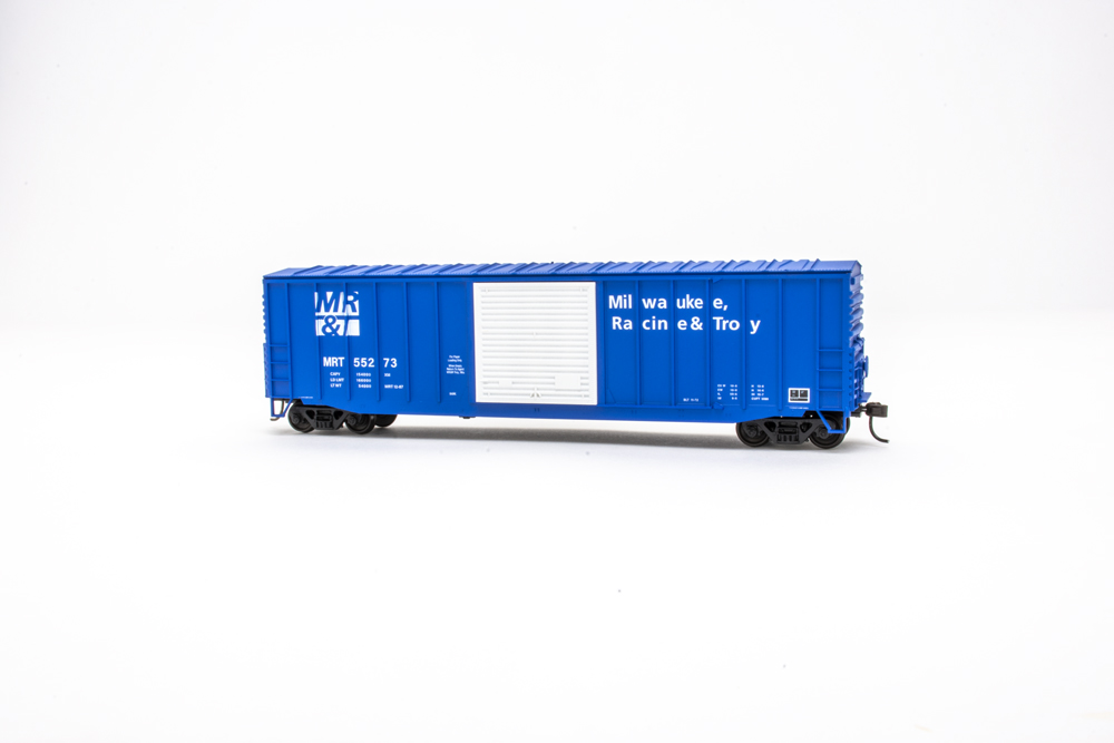 Blue boxcar with white door with white background
