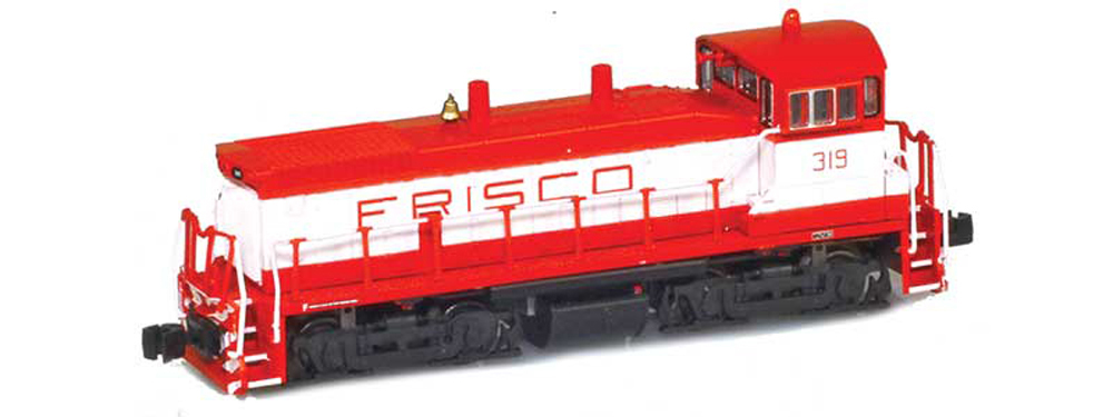 Model of red and white switcher locomotive with white background