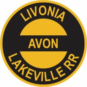 Black and gold circular logo of Lovnia, Avon & Lakeville Railroad