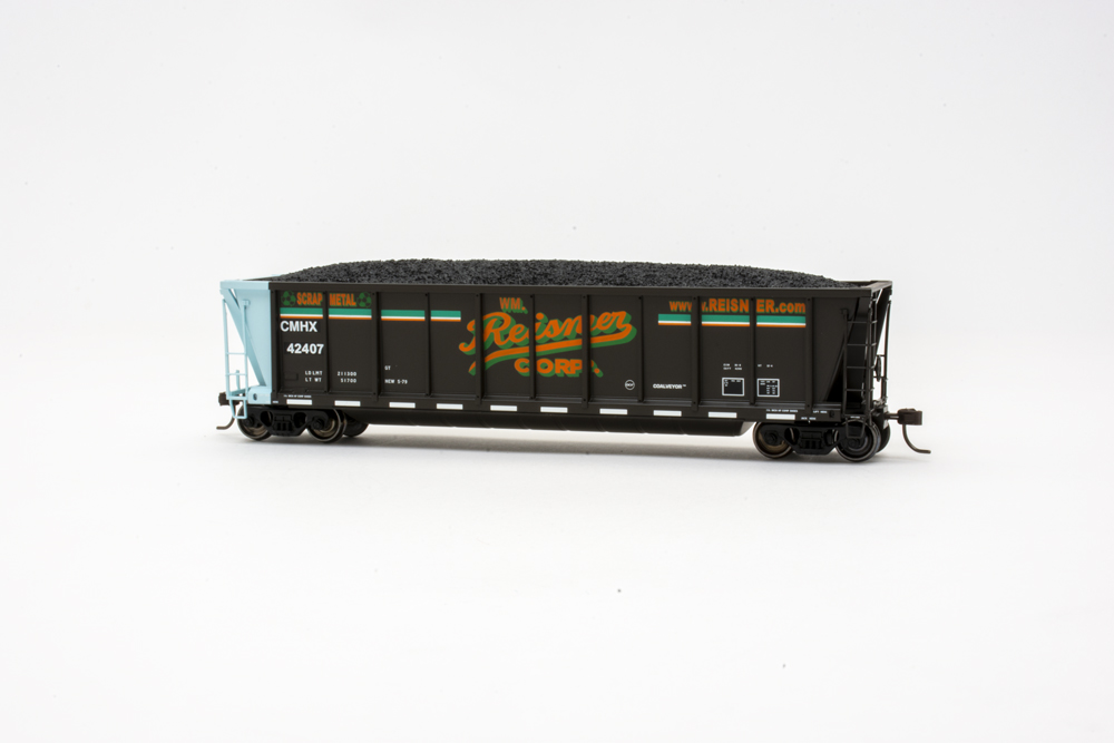 Blue and black coal hopper car with white background