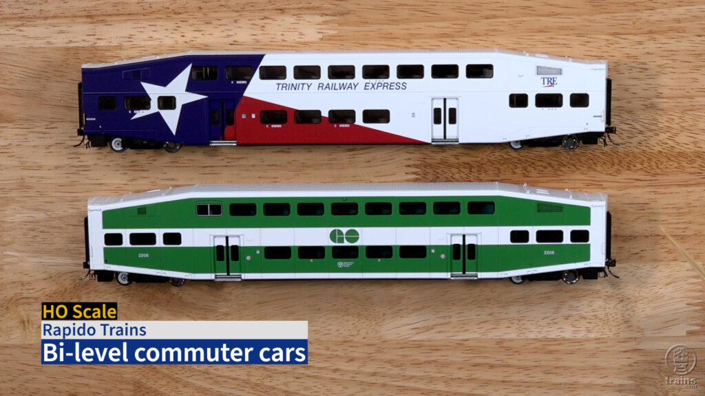 Screen shot of two HO scale commuter cars.