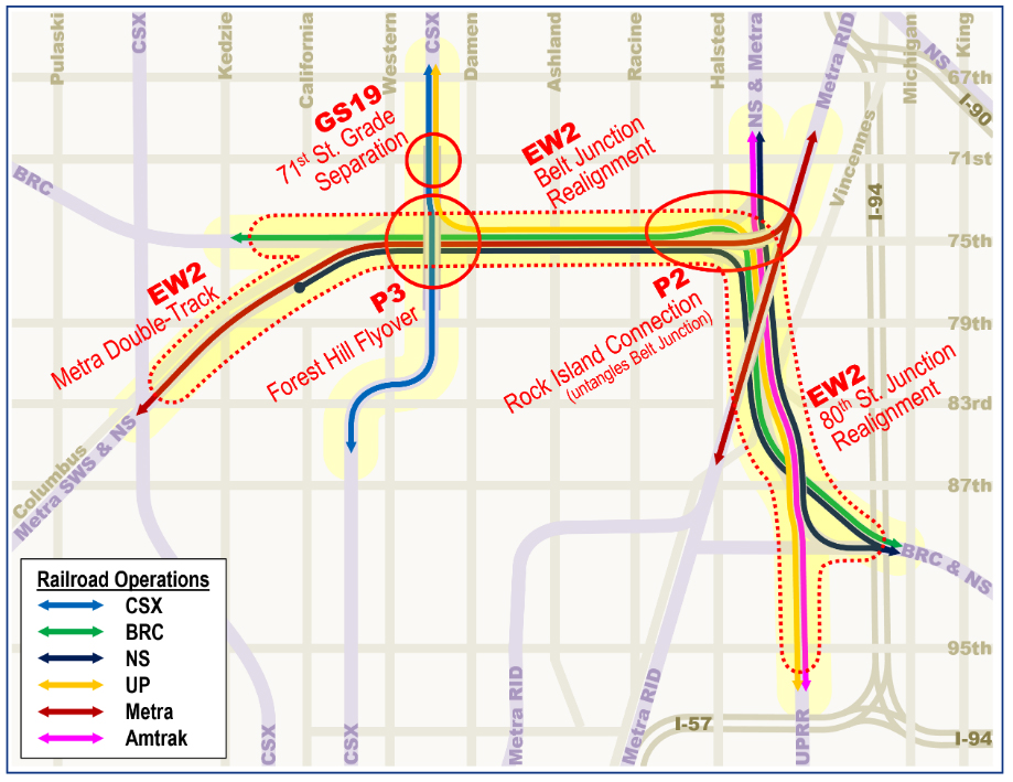 Map showing tangle of rail junctions in south Chicago
