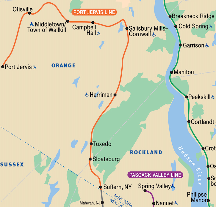 Map showing route of Metro-North Port Jervis Line