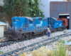blue model diesel engines with figure on garden railway
