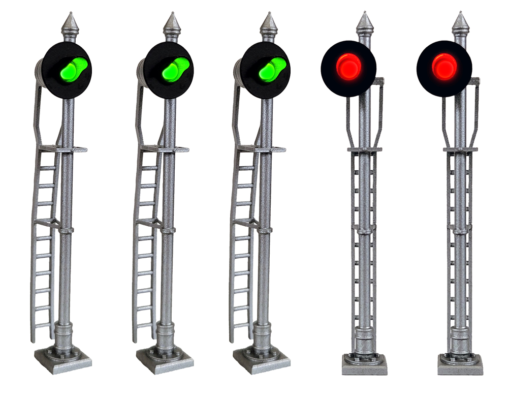 Three green signals and two red signals on signal stands