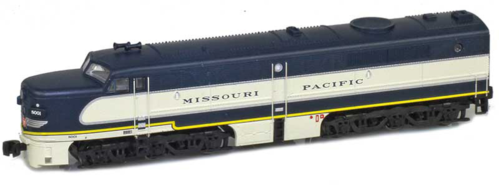 Model of blue and white streamlined diesel locomotive