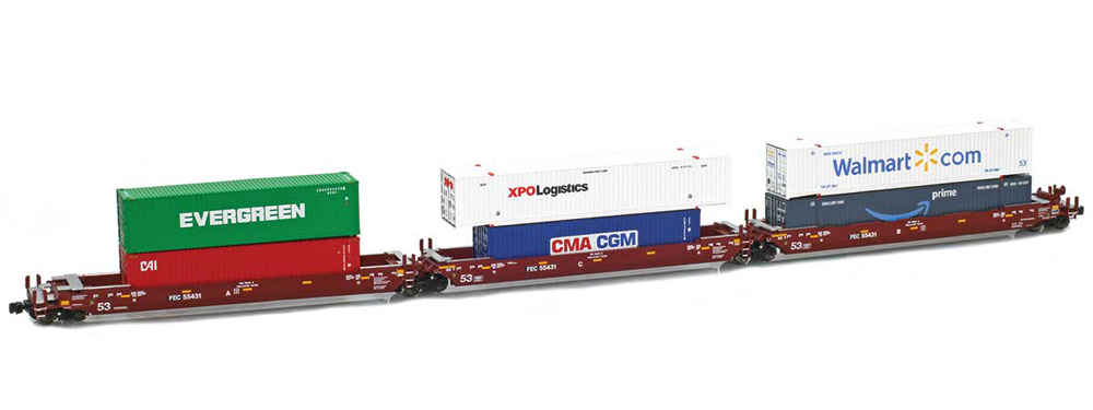 Model of three articulated well cars carrying various 40- and 53-foot containers