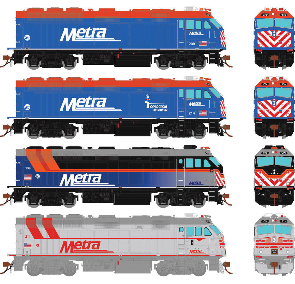 Drawing of diesel passenger locomotive in different paint schemes