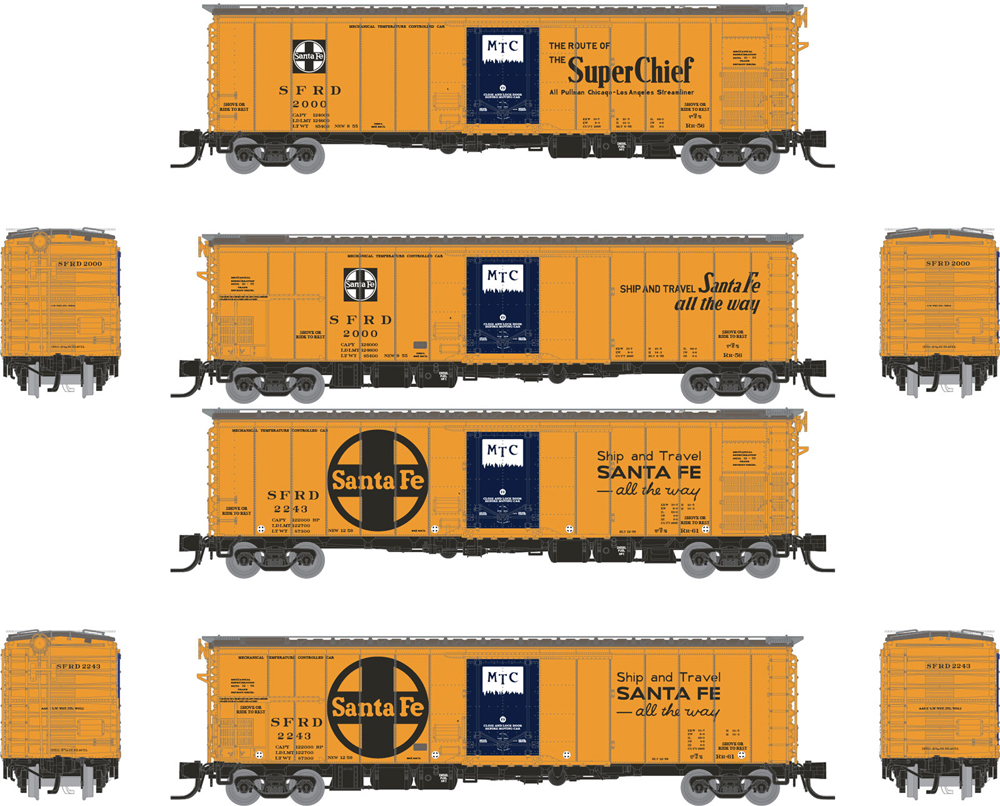 Drawing of orange boxcars in different paint schemes
