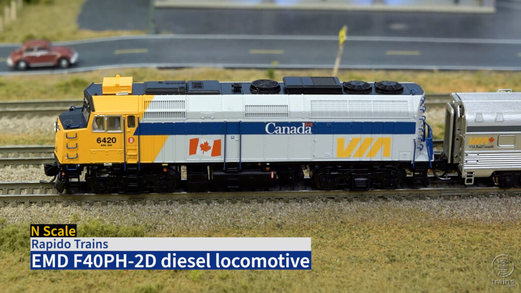N scale model of passenger diesel locomotive in VIA Rail paint scheme