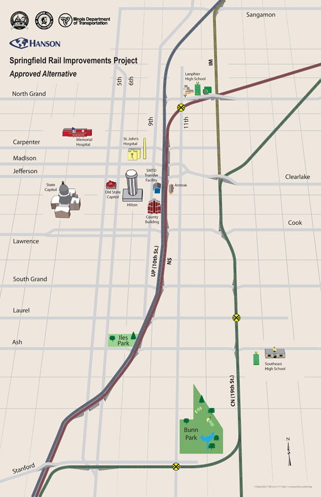 Map of planned rail line improvements in Springfield, Ill.