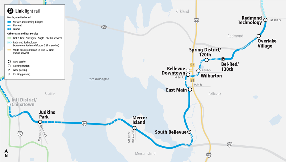 Map of eastern extension of Sound Transit light rail system