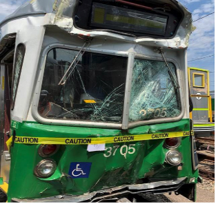 Smashed-in end of MBTA Green Line train