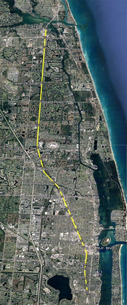 Aerial image of part of Palm Beach County, Florida, with rail line superimposed