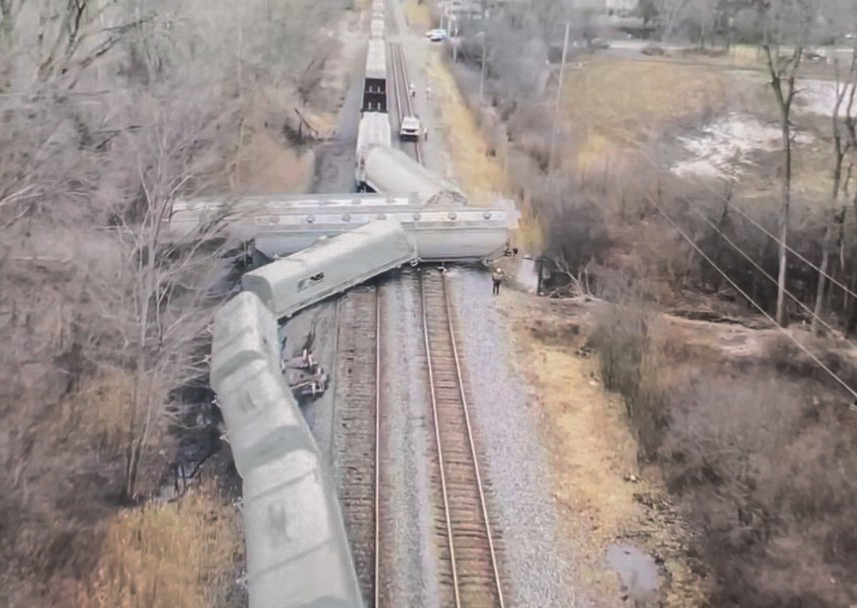 View of derailed freight cars
